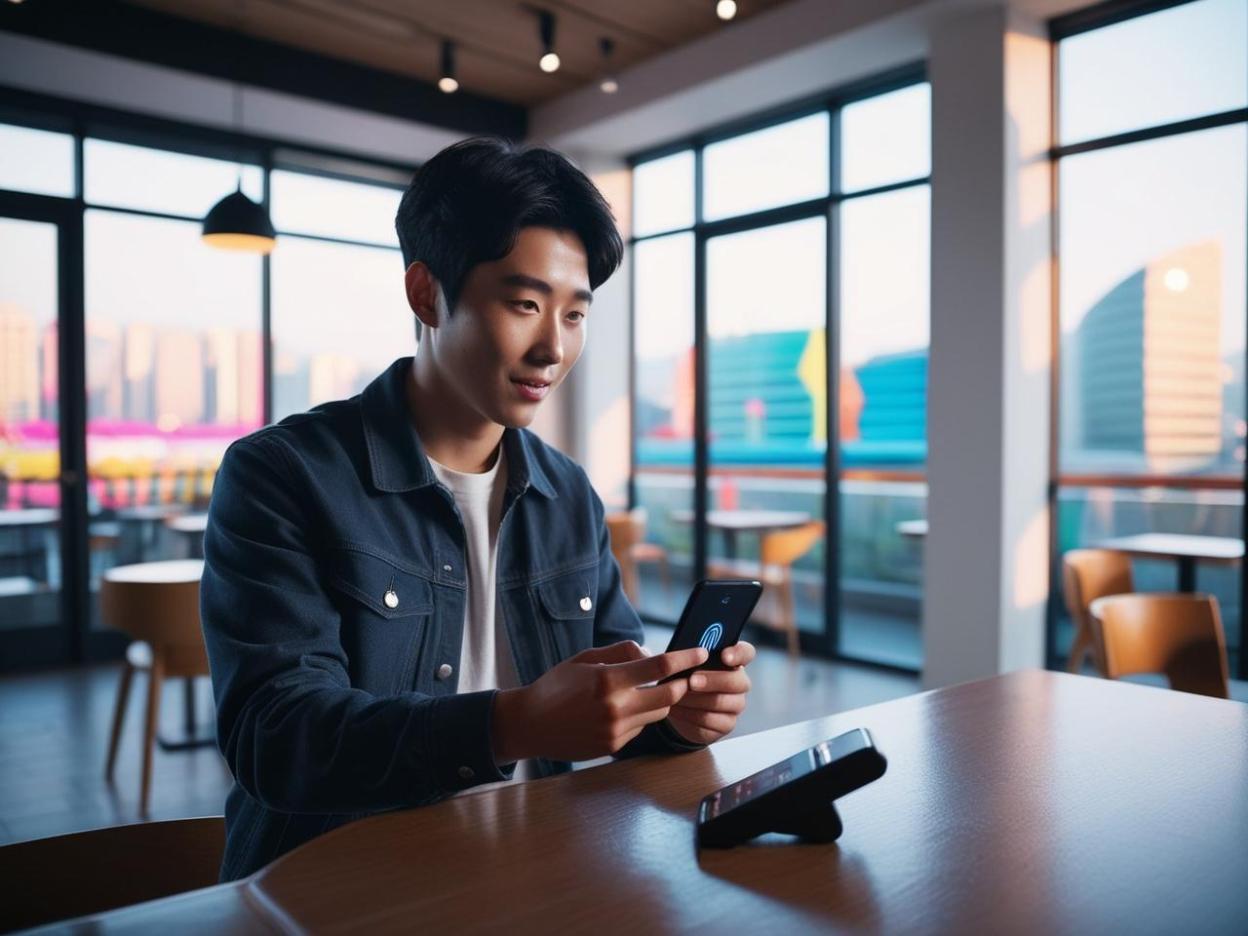 Young Korean using phone for payment, avoiding card reader, modern café backdrop.